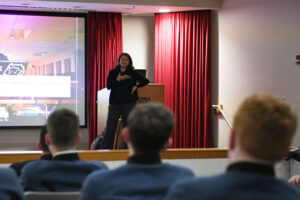 Dr. Dannette Gomez Beane, assistant vice provost for enrollment management for strategic initiatives at Virginia Tech, explains the new accelerated master’s degree program to a group of VMI cadets.
