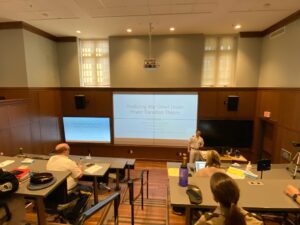 Cadet Devin Thomas '24 presenting his thesis on Predicting War Onset Under Power Transition Theory during Honors Week.