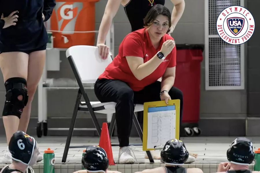 VMI Water Polo Head Coach Danielle Montenegro addressing the women's water polo team.