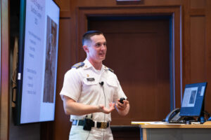 A cadet addresses the audience during an Honors Week presentation at VMI.