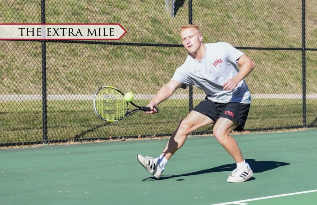 Jude Roberts ’25 hitting a tennis ball during a practice.