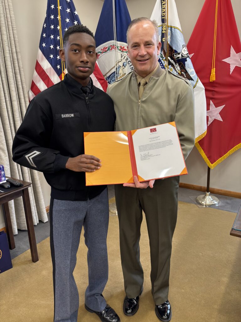 Barrow poses for a photo with VMI superintendent.