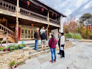 A group of VMI cadets outside the China Folk House Retreat in Harpers Ferry, West Virginia, where they immersed themselves in traditional Chinese culture.