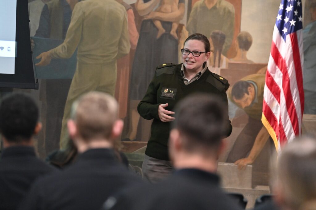 Maj. Alison Burke speaks at an event for Honors students at VMI.