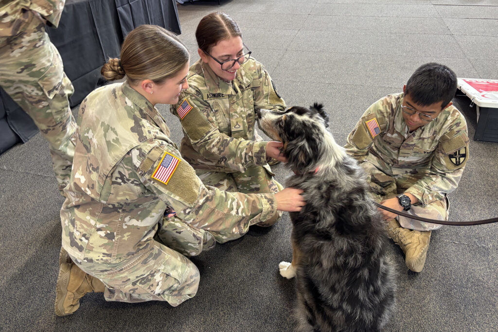 VMI Cadets pet a therapy dog.