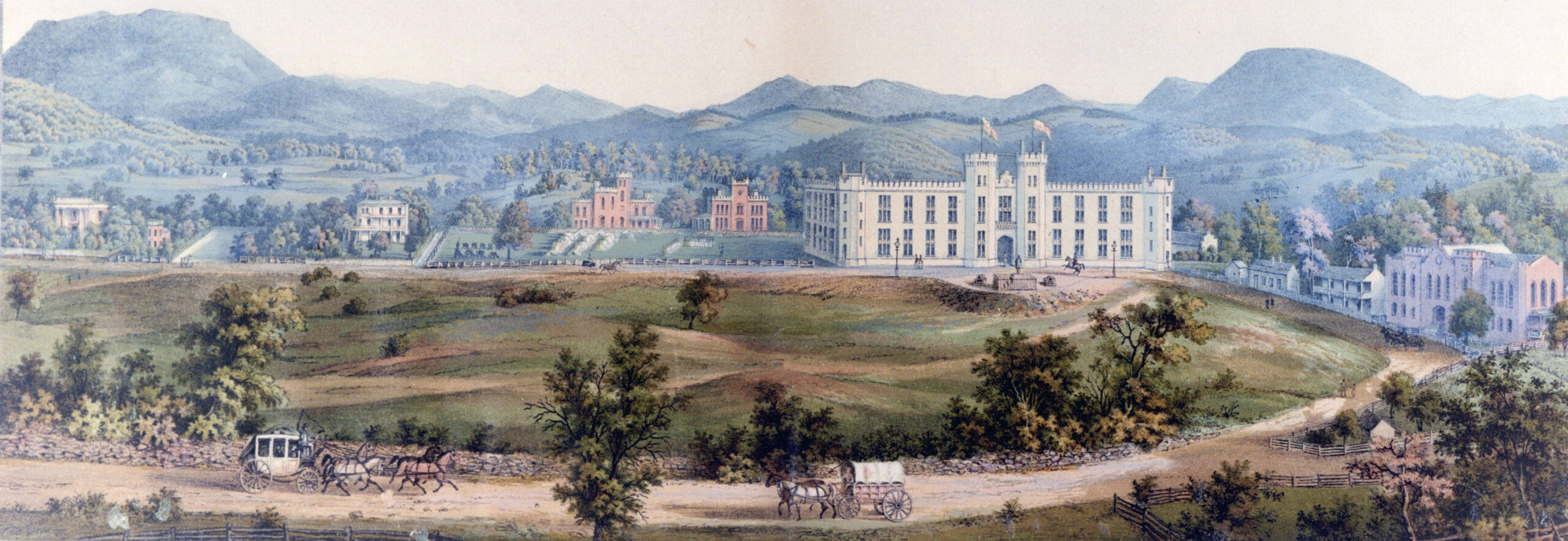 Barracks, 1857. Lithograph by Casimir Bohn showing barracks and other Institute buildings as they looked in 1857. Beginning at the left edge: Samuel Moore home (Moore-Pendleton-Bates house); Porter's Lodge; Superintendent's residence and VMI Headquarters; faculty residence (Gilham, later Maury House); faculty residence (Williamson); Barracks; laundry; hospital; Mess Hall.