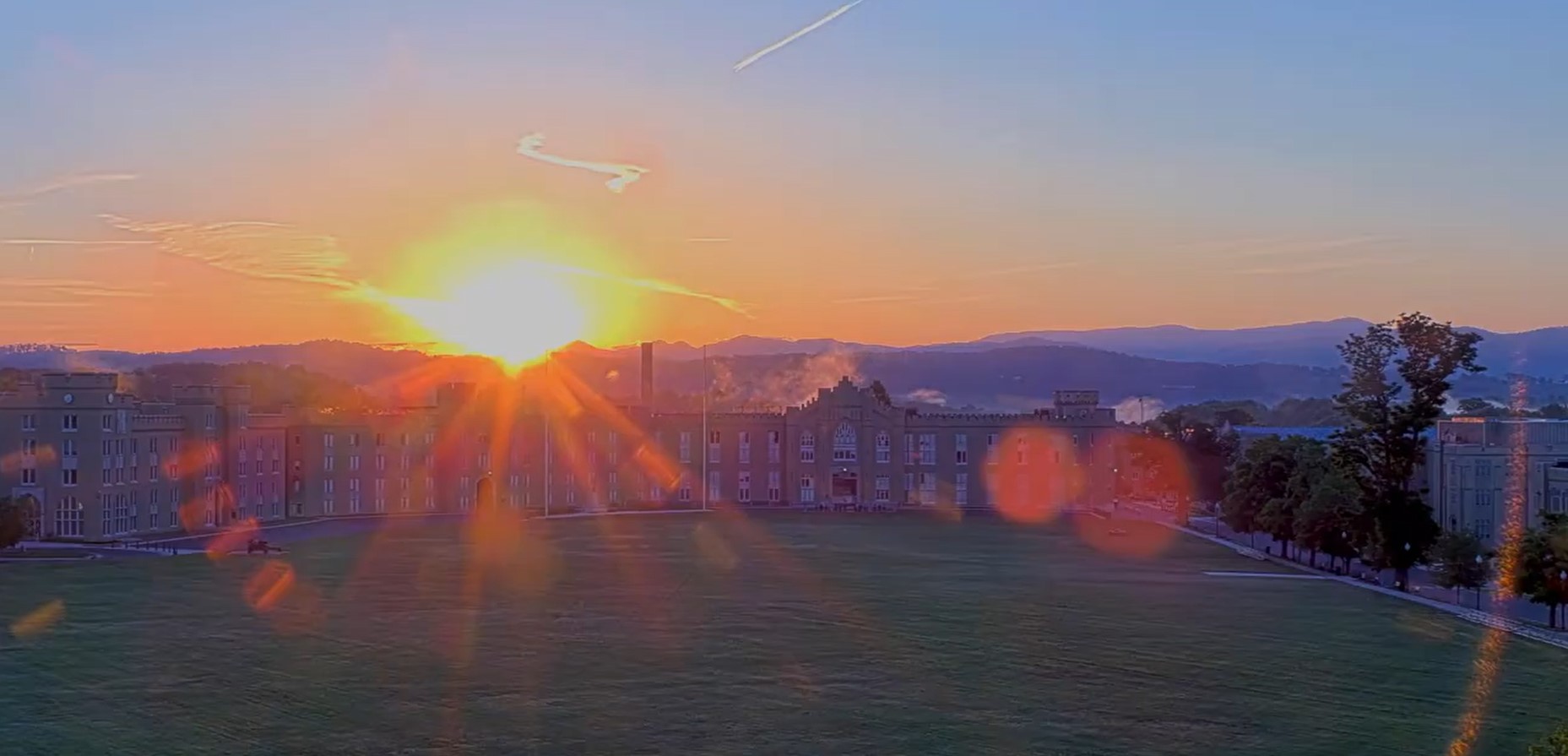 Sunrise over barracks as seen from a VMI webcam.