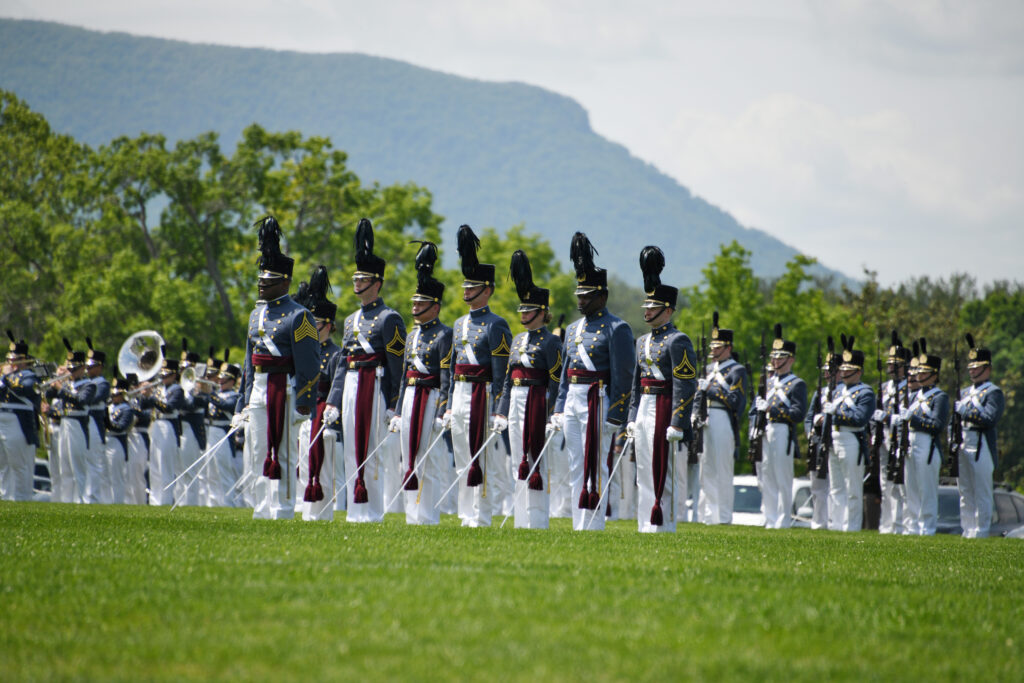 Cadets participate in the change of command parade held on the Parade Ground at Virginia Military Institute.