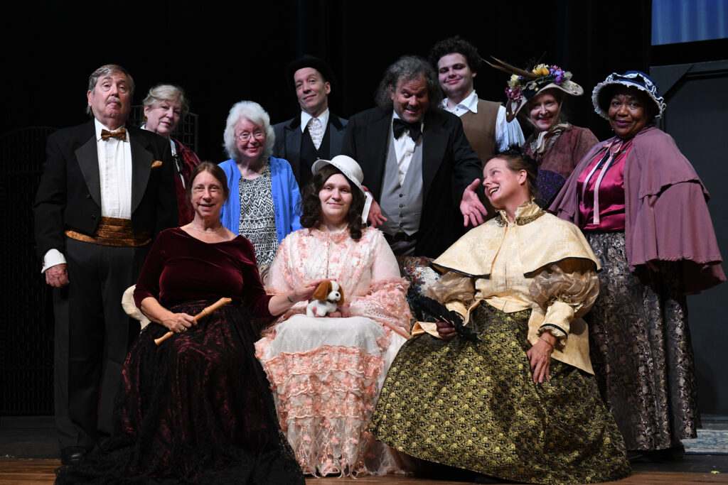The cast (seated from left) Paula Oxendine, Victoria “Tori” Wright ’24, Sue Ann Huger, (standing from left) Jack Page, Linda Gorman, Joellen Bland, Tim Price, Tom Oxendine, Andrew Hartless, Laura Holt and Maria Quillin.