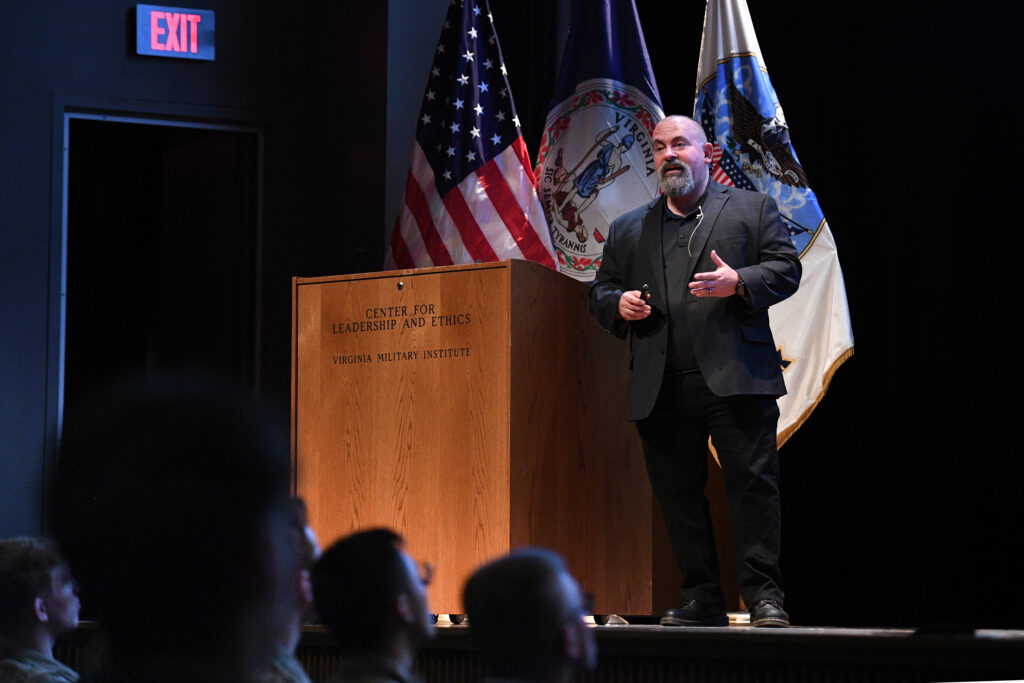 Marc Polymeropoulos spoke in Gillis Theater to a crowd of cadets, faculty and staff, and community members, about the nine leadership principles addressed in his book, “Clarity in Crisis: Leadership Lessons from the CIA.”