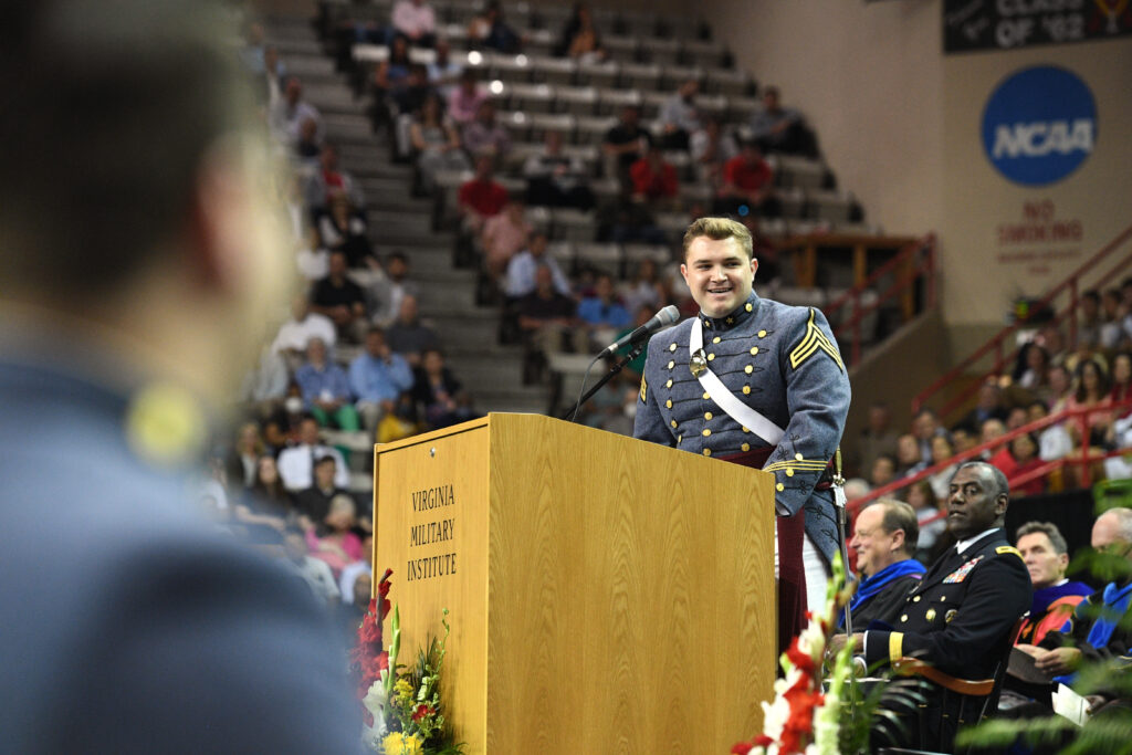 hristopher M. Hulburt ’22, valedictorian of the Class of 2022 at Virginia Military Institute, spoke during commencement,=.