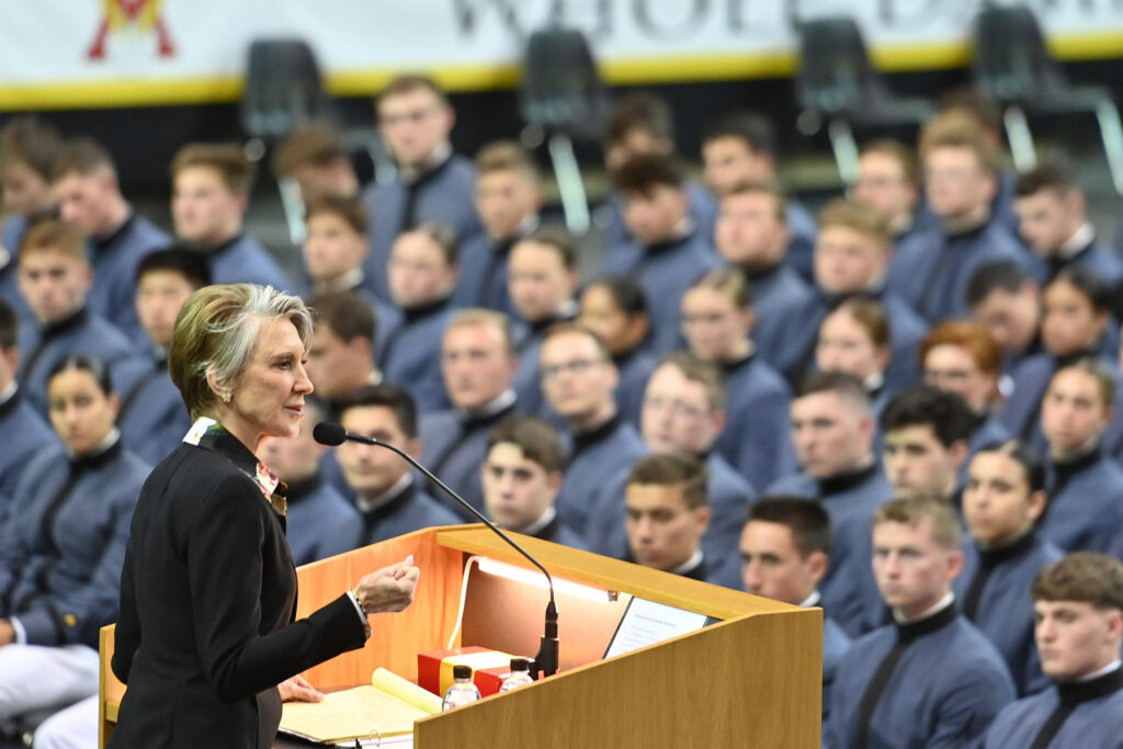 Carly Fiorina, businesswoman and politician, addressed the entire Corps of Cadets, members of the academic board, faculty, staff and guests as VMI opened its 186th academic year with a convocation ceremony Sept. 3 in Cameron Hall.