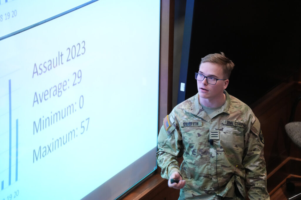 Noland Griffith ’24, a Virginia Military Institute cadet majoring in economics and business, presented his honors thesis, “An Exploratory Analysis of Crime From Randomly Selected Neighborhoods in Richmond.” He said there are different aspects of crime that affect life in Richmond neighborhoods.