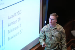 Noland Griffith ’24, a Virginia Military Institute cadet majoring in economics and business, presented his honors thesis, “An Exploratory Analysis of Crime From Randomly Selected Neighborhoods in Richmond.” He said there are different aspects of crime that affect life in Richmond neighborhoods.