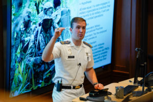 Nick Schaefer ’23, an international studies major, minoring in national security at Virginia Military Institute, in his senior thesis titled, “Picking up the Slack: Why Non-Democratic Regimes Rely on Private Military Companies to Fight Their Wars” during Honors Week.
