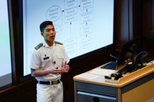 Binh Tran ’23, an electrical and computer engineering major at Virginia Military Institute, presents his honors week thesis.