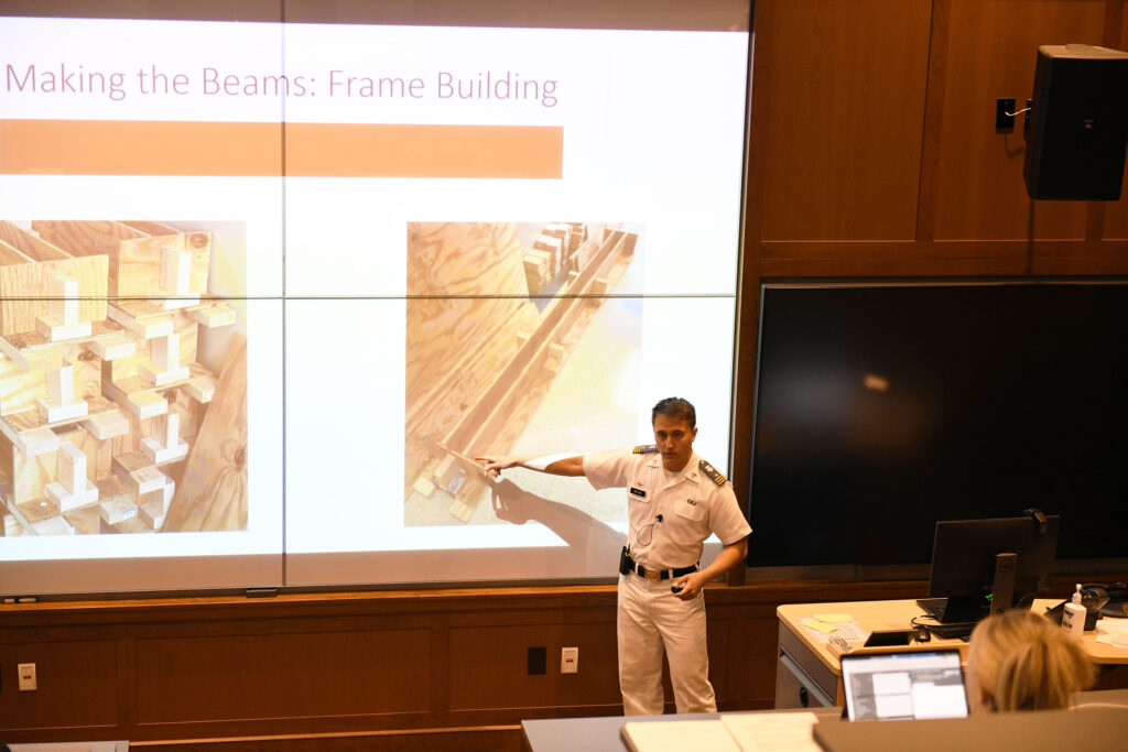 Colin Butler '23, a civil engineering major at Virginia Military Institute, presents his year-long research project on concrete support beams.