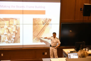 Colin Butler '23, a civil engineering major at Virginia Military Institute, presents his year-long research project on concrete support beams.