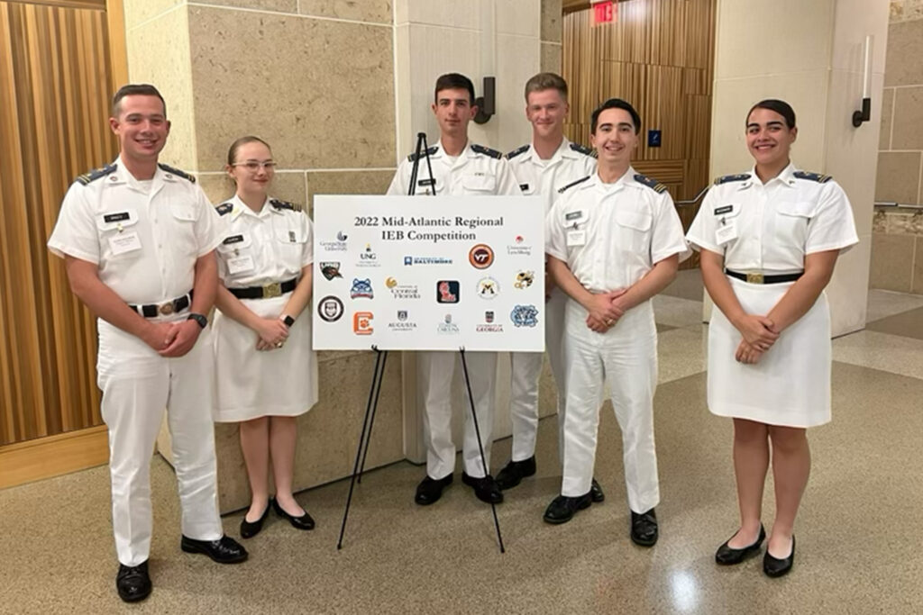The VMI Ethics and Debate Team: Riley Shultz ’24, Harris Burton ’23, Riley Malone ’25, James Ellison ’23, Spencer Greaney ’23, Gabriella Woodward ’24 at the Mid-Atlantic Regional Intercollegiate Ethics Bowl Competition in Gainesville, Georgia.
