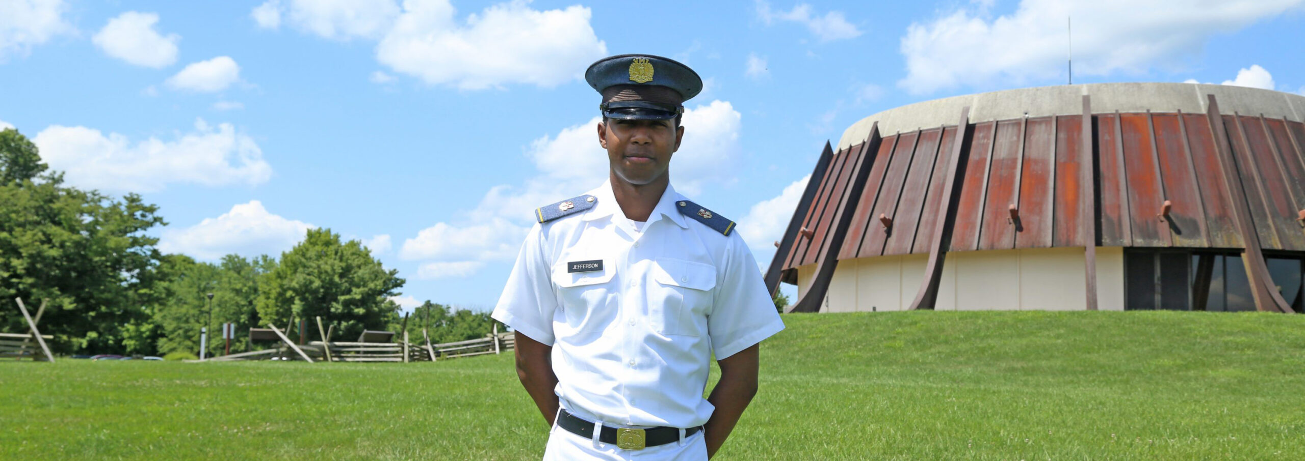 Cadet LeAndrew “Drew” Jefferson ’21 was chosen as the 2019 Shaara Scholar Intern and spent the summer living and working at the New Market Battlefield. Jefferson was previously pictured on the 2018-2 Alumni Review cover during his Breakout. Photo by Micalyn Miller, VMI Alumni Agencies.