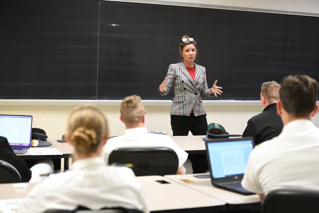 Maria Korsnick, president and CEO of Nuclear Energy Institute, addresses a classroom.