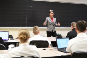 Maria Korsnick, president and CEO of Nuclear Energy Institute, addresses a classroom.