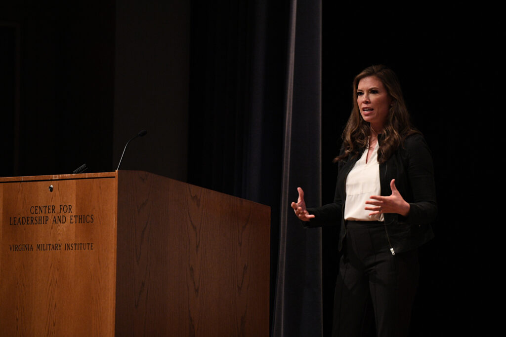 Amber Smith, former U.S. Army Kiowa helicopter pilot who flew into enemy fire in some of the most dangerous combat zones in the world, as she closed out the Center for Leadership & Ethics (CLE) 2023 Courageous Leadership Speaker series April 13 in Gillis Theater.