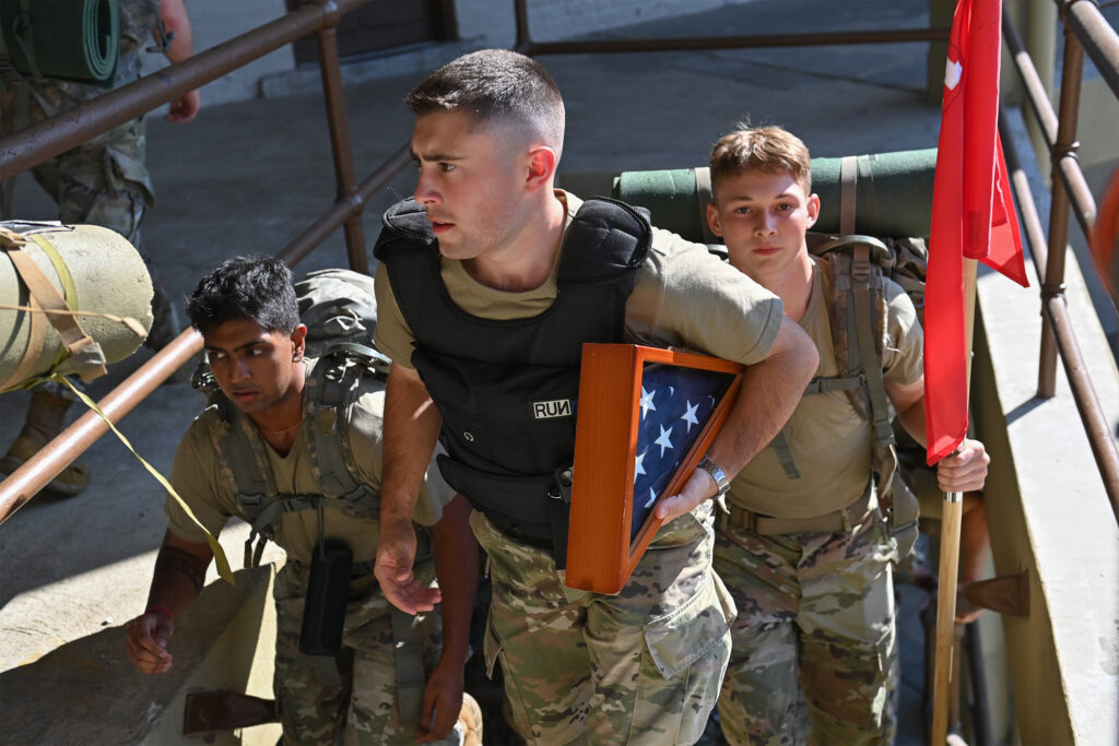 Nearly 500 cadets honored those who perished in the 9/11 terrorist attacks by ascending and descending the steps in barracks 37 times, replicating the 110 stories the first responders at the World Trade Center climbed during the rescue attempt that fateful day in 2001.