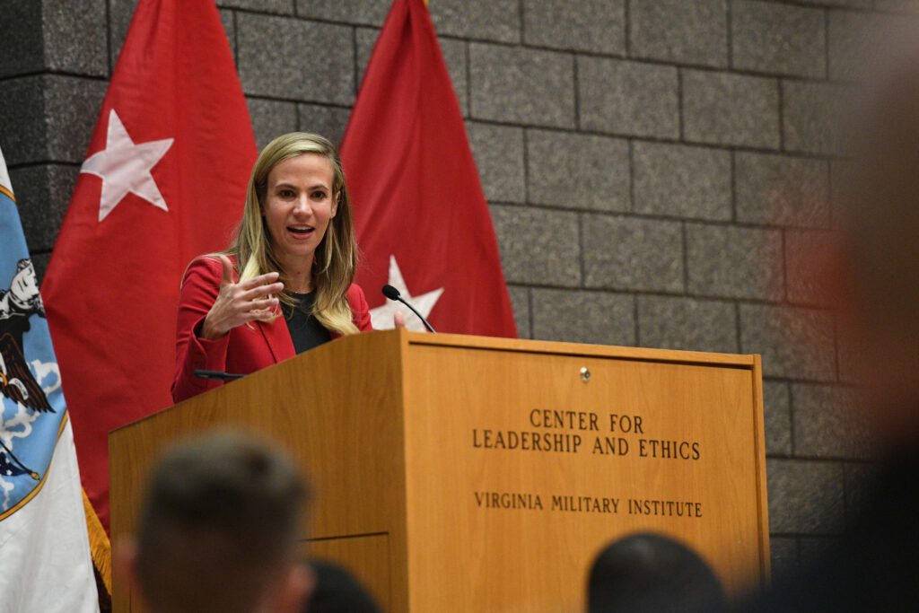 Virginia Military Institute’s 2022-23 Leader-in-Residence (LIR) Tracy Walder speaking in Gillis Theater April 19.