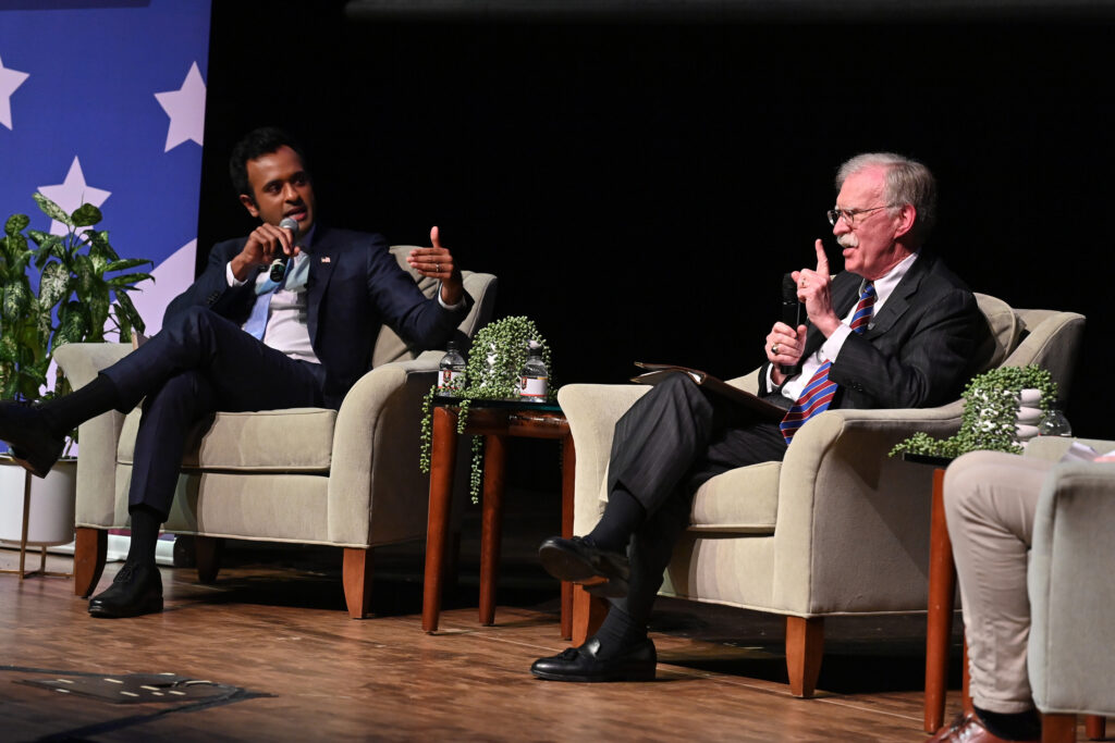 Bolton and Ramaswamy debate in Gillis Theater.