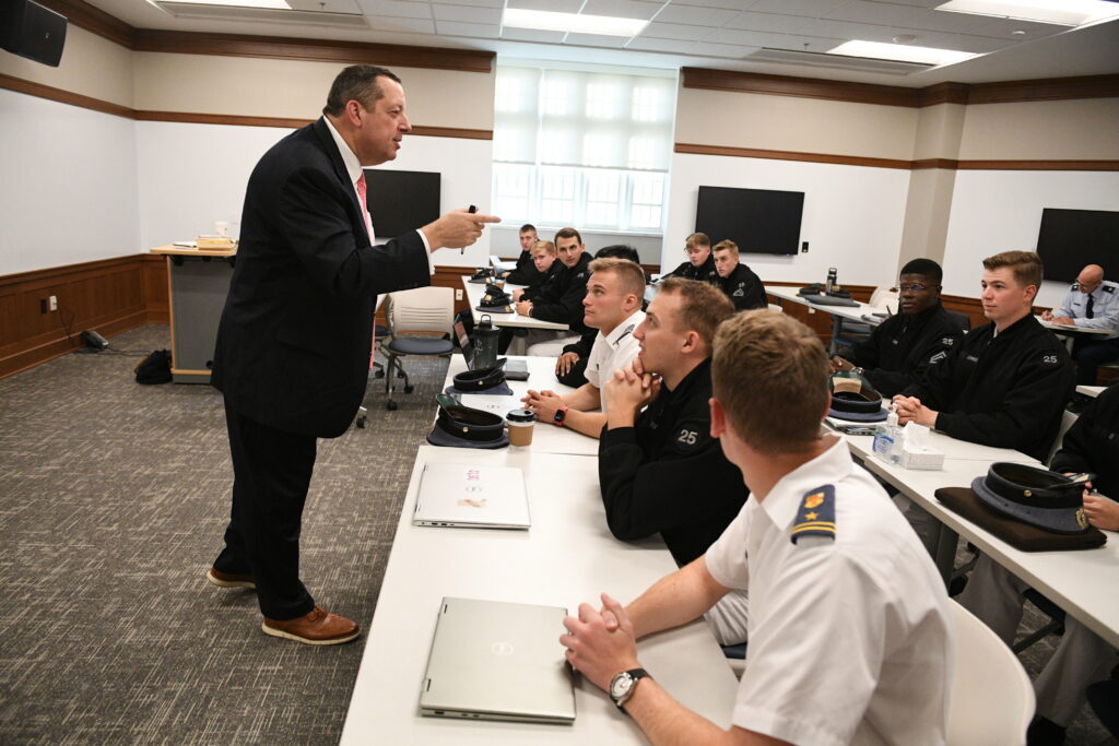 Retired U.S. Army Brig. Gen. Chris Burns, VMI's 2023-24 Leader-in-Residence, said true leadership is defined when it's raining, when it's hard. Sitting in on a few classes recently, Burns led cadets in discussions on effective leadership in both the military and private sector.