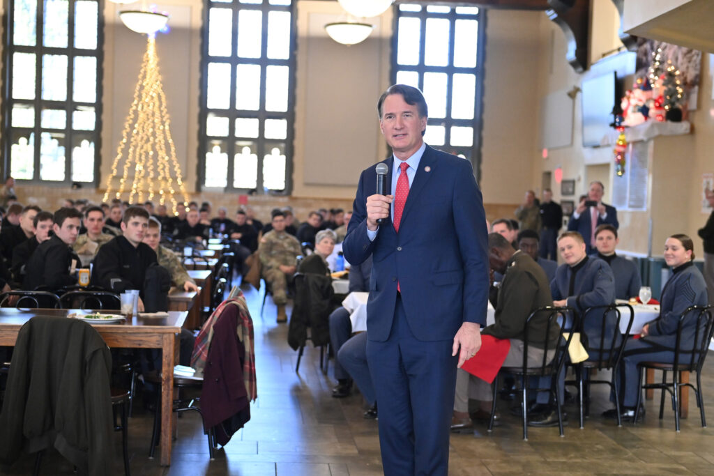 Gov. Glenn Youngkin paid a holiday visit to Virginia Military Institute on the last day of fall semester classes, Thursday, Dec. 12.