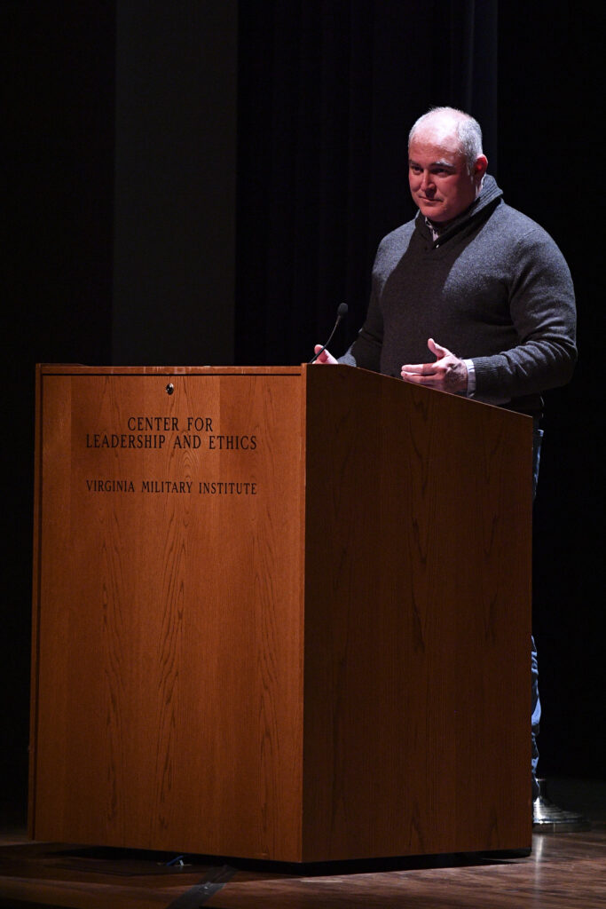 Ace Atkins, who started his writing career as a crime beat reporter, read a few excerpts to the audience from his popular Quinn Colson series, which consists of 11 novels. He addressed cadets, staff, and the community with conversation and readings from his fictional literary works.