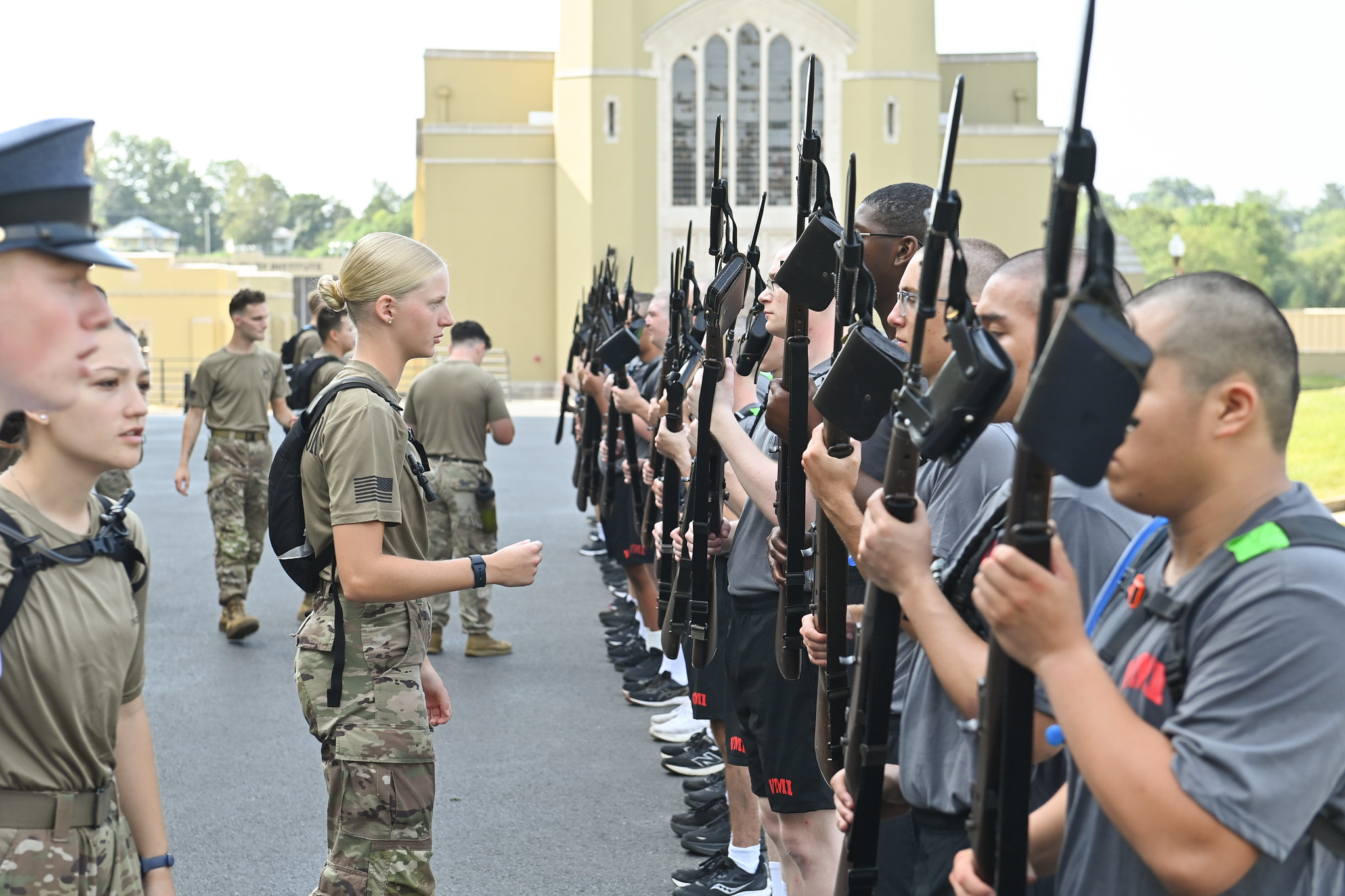 Cadets with their gear in line, getting ready for field work.