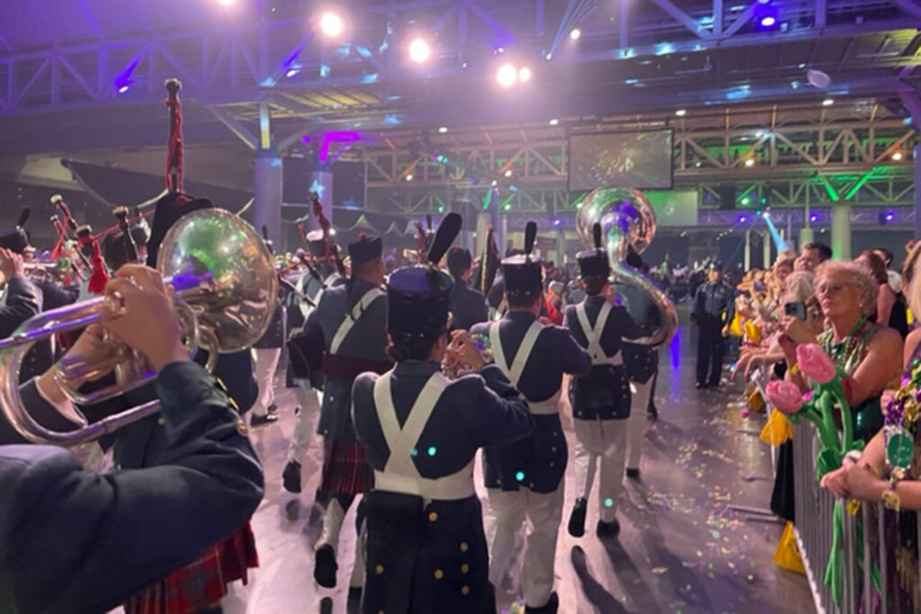 The VMI Regimental Band and Pipe Band march in the Krewe of Endymion, the largest Mardi Gras parade in New Orleans, Louisiana.