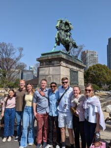VMI cadets in front of the statue of samurai warrior, Kusunoki Masashige, at the Kokyo Gaien National Garden in Tokyo.