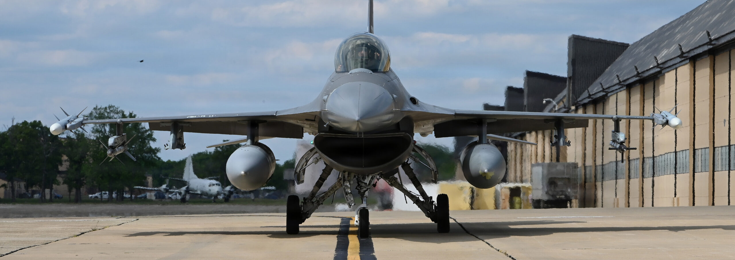 A District of Columbia F-16D jet fighter piloted by Chairman of the Joint Chiefs of Staff Gen. Dan Caine taxis on the taxiway following a training sortie May 2, 2026, at Joint Base Andrews, Md. Caine held several senior leadership positions within the D.C. Air National Guard between 2008 and 2016. (U.S. Air National Guard photo by Tech. Sgt. Andrew Enriquez)