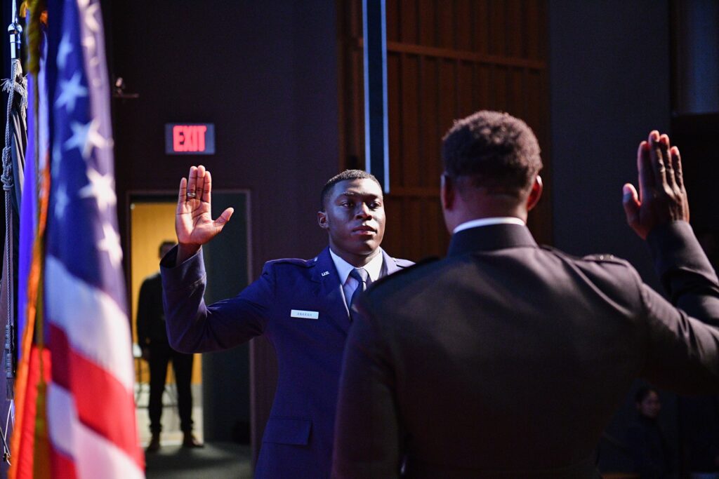 Newly commissioned Second Lieutenant takes his oath for the Air Force.