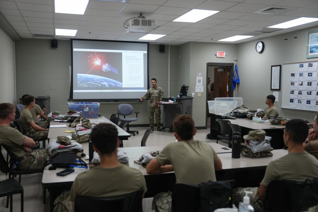 Air Force ROTC cadets receive classroom instruction.