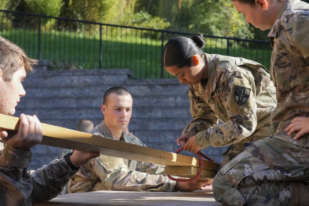 Air Force ROTC cadets work at VMI's Leadership Reaction Course to problem-solve as part of their team training.