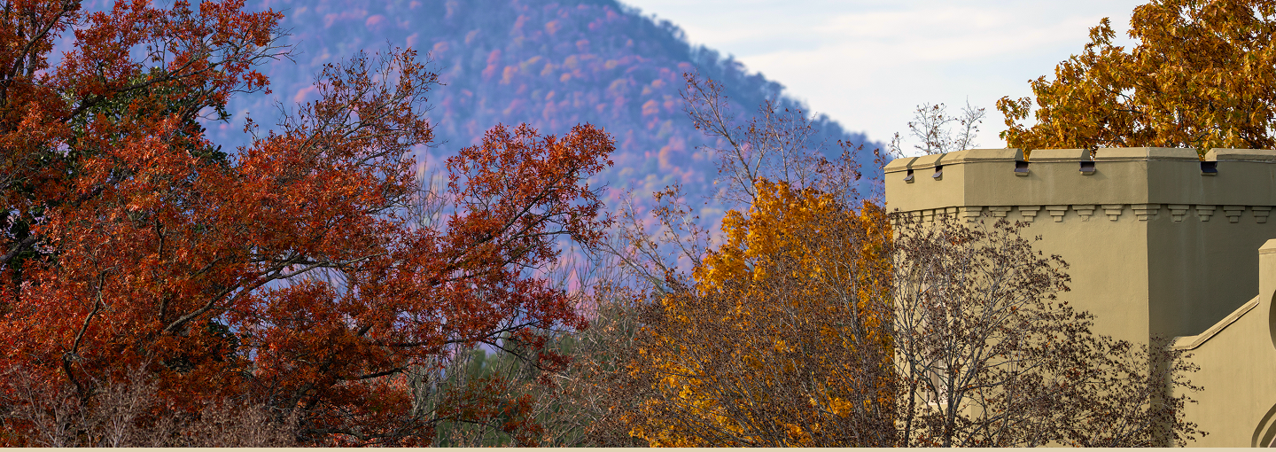 An image of a VMI building poking through autumn trees.